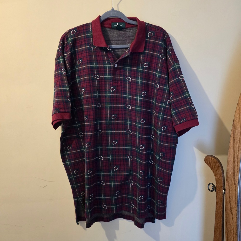 Hunt Club Mens XL Polo Shirt Burgundy Plaid Embroidered 100% Cotton Short Sleeve